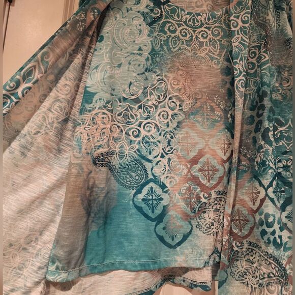 JM Collection teal and white rhinestone detail cardigan/long sleeve blouse 2X - Picture 4 of 5